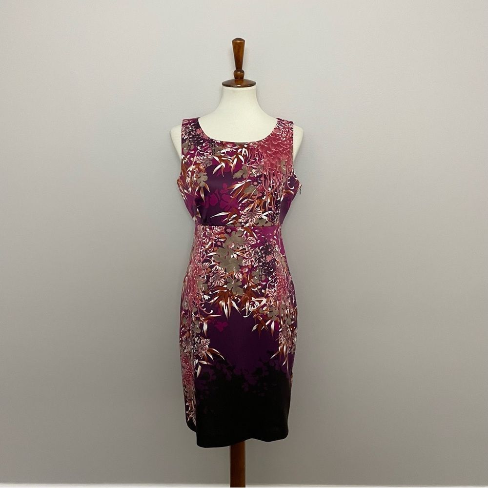 Tahari Dress Sheath Floral Botanical Leaves Lined Sleeveless Fuchsia Pink Purple